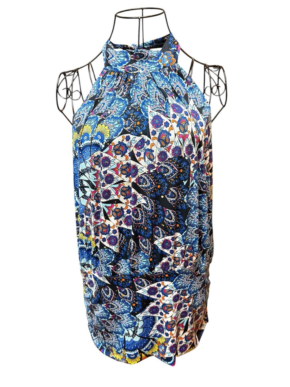 Joseph Ribkoff Sleeveless Halter Paisley Sequin Blue Multi Blouse